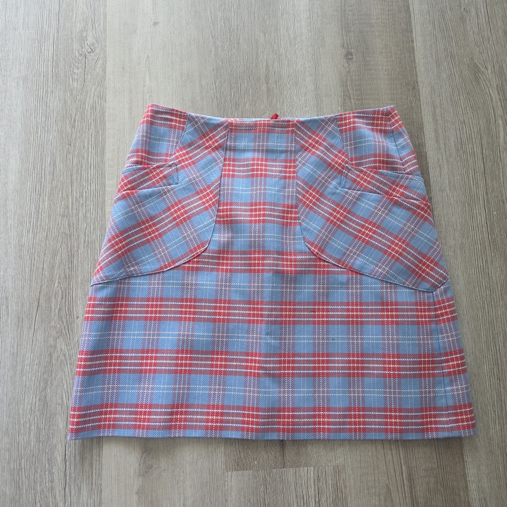 BROOKS BROTHERS British Embroidered Plaid Blue Red Pencil Skirt w Pockets 12